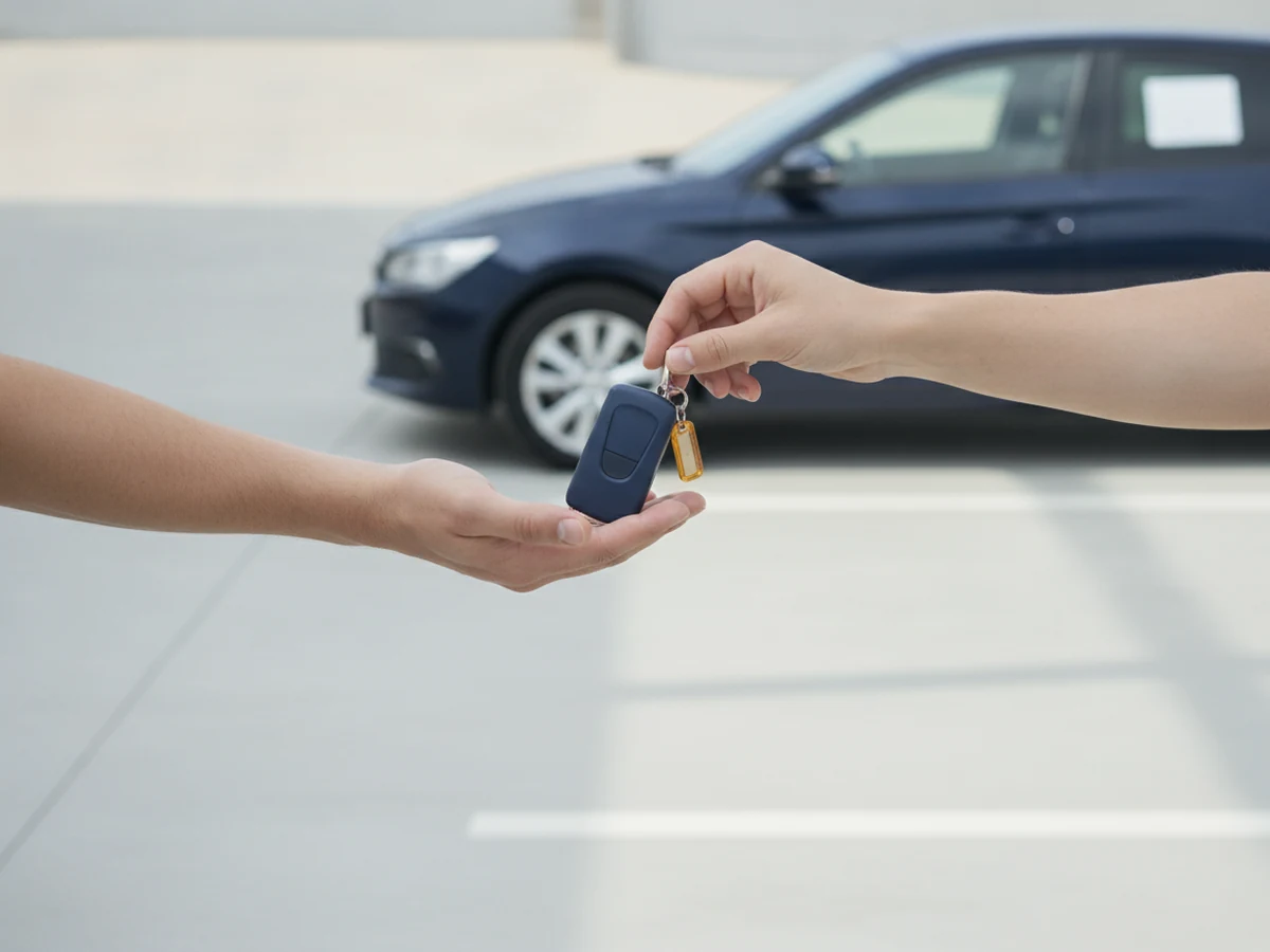 Entrega da chave de um carro escuro entre duas pessoas, num pátio claro